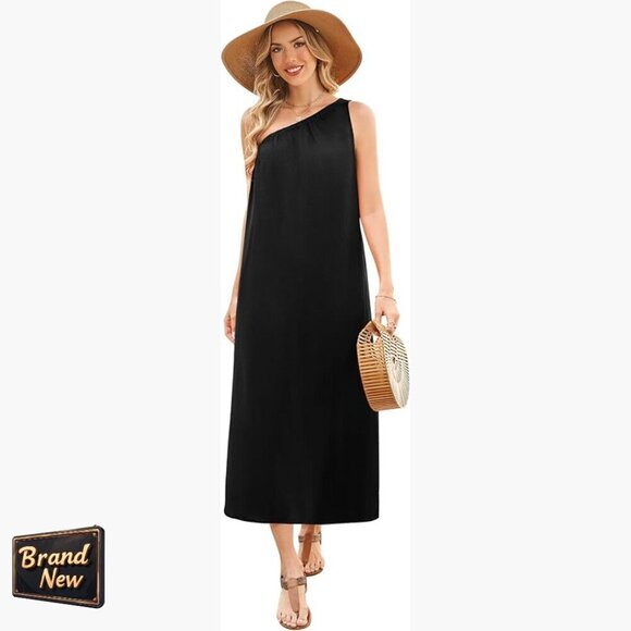 Dresses & Skirts - Linen Maxi Dress One Shoulder Sleeveless with Pockets Summer Casual